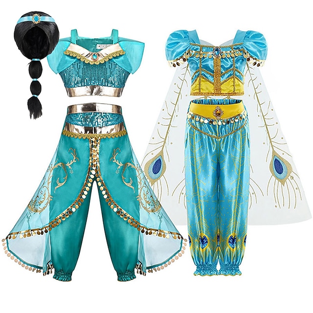  Aladdin and the Magic Lamp Fairytale Princess Jasmine Theme Party Costume Dance Costumes Girls' Movie Cosplay Halloween Silver Wig Yellow Dress Halloween Carnival Masquerade World Book Day Costumes
