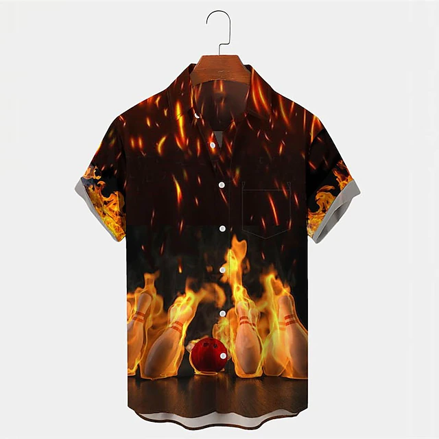 Men's Flame Bowling Ball Shirt Button Up Shirt Short Sleeve Tropical Fashion Hawaiian Outdoor Beach Summer Spring Turndown Print Button-Down Black Yellow Black / Red Red Dusty Blue 16
