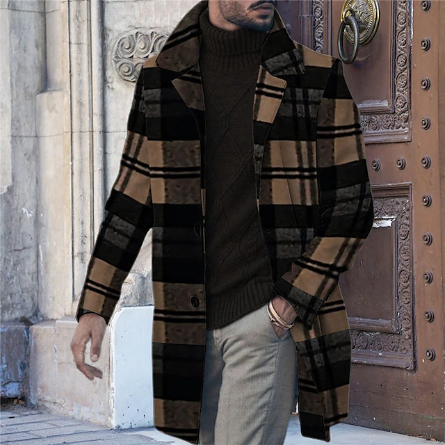 Men's Plaid Graphic Prints Winter Coat Overcoat Coat Warm Comfortable Breathable Fashion Streetwear Business Work Wear to work Going out Pocket Print Fall & Winter Turndown Long Sleeve Yellow Blue 6