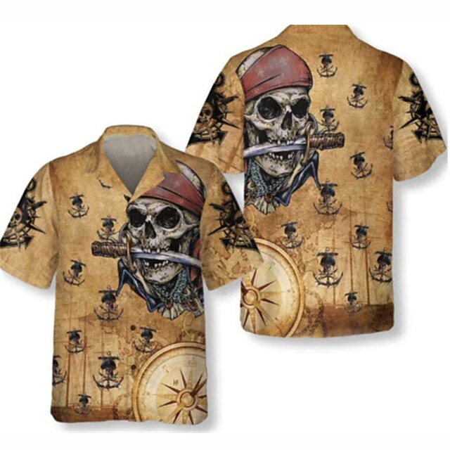 Men's Graphic Prints Pirate Halloween Costumes Shirt Summer Hawaiian Shirt Short Sleeve Shirt Turndown Casual Hawaiian Yellow Print Button-Down Clothing Apparel Tropical Fashion Hawaiian Soft2