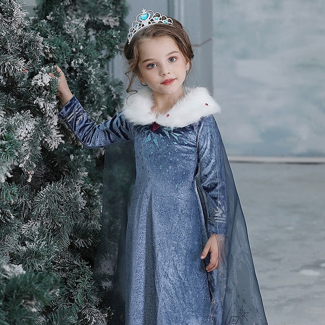  שמלת ילדים בנות פתית שלג מסיבת ביצועים שרוולים ארוכים כותנה מתוקה שמלת קו שמלת סתיו חורף 3-10 שנים כחול כהה