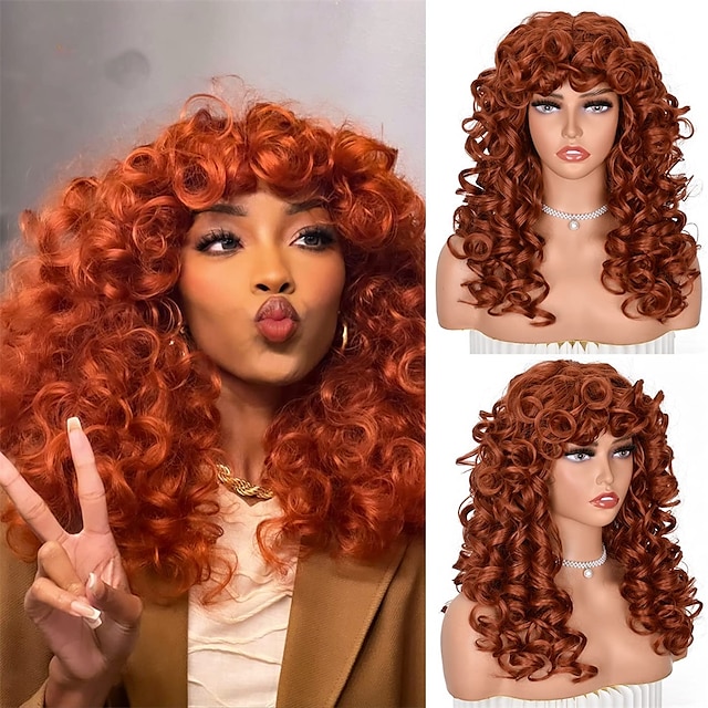  Copper Curly Wigs for Black Women Long Curly Afro Wig with Bangs for Women Big Bouncy Fluffy Synthetic Fiber Glueless Hair for Cosplay and Daily