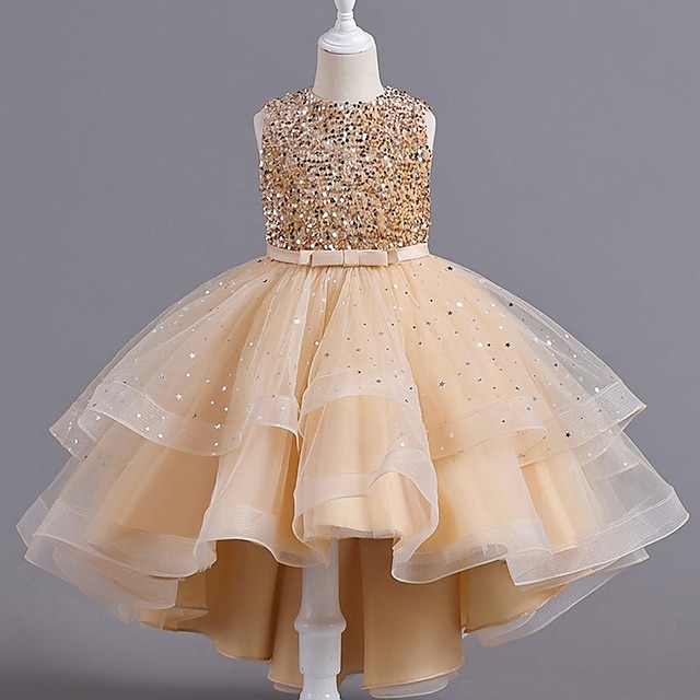  Kids Girls' Dress Sequin Tulle Dress Midi Dress Performance Sequins Crew Neck Sleeveless Elegant Dress 3-13 Years Summer Gold
