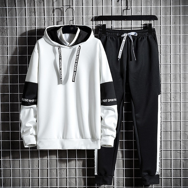  Men's Tracksuit Sweatsuit Jogging Suits Black White Hooded Letter Patchwork 2 Piece Sports & Outdoor Daily Streetwear Cool Casual Spring &  Fall Clothing Apparel Hoodies Sweatshirts 