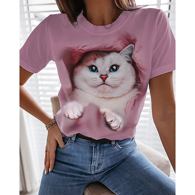  Women's T shirt Tee Pink Print Cat 3D Daily Weekend Short Sleeve Round Neck Basic Regular 3D Cat Painting S