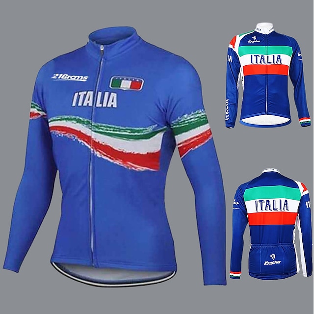  21Grams Men's Cycling Jersey Long Sleeve Winter Bike Jersey Top with 3 Rear Pockets Mountain Bike MTB Road Bike Cycling Thermal Warm UV Resistant Cycling Breathable Navy Blue Blue Italy National Flag