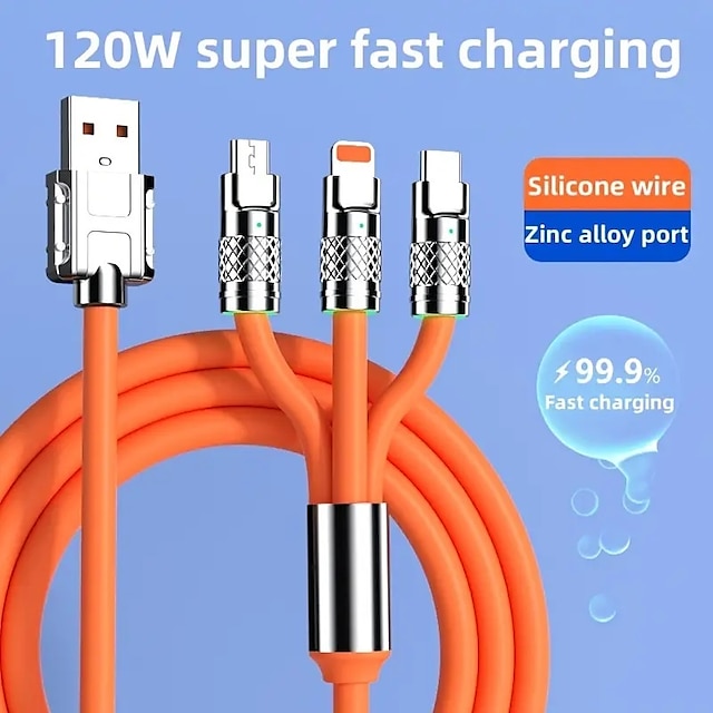  3.3ft 120W 3-In-1 Multi Fast Charging Nylon Braided Cable USB Charger Cord With 3 Different Ports (USB C/Micro/Lightning)