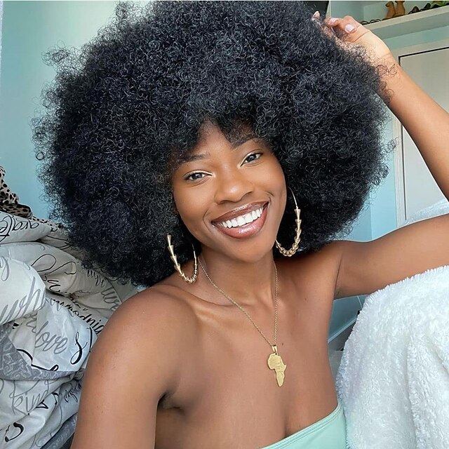 Short Afro Wig with Bangs for Black Women Afro Kinky Curly Wig 70s