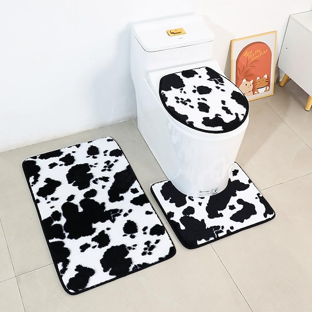  3Pcs Bathroom Rugs Sets  Non-Slip Carpet Toilet Lid Cover and Bath Mat,Black and White Cow Pattern Bath Sets for Bathroom