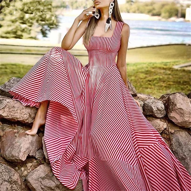  Women's Casual Dress Swing Dress A Line Dress Long Dress Maxi Dress Basic Fashion Striped Ruffle Print Holiday Vacation Going out Square Neck Sleeveless Dress Regular Fit Black Red Blue Spring Summer