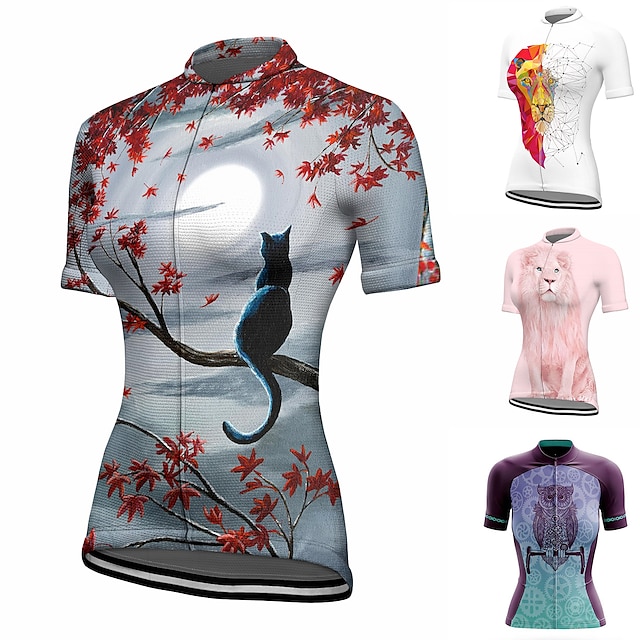  21Grams Women's Cycling Jersey Short Sleeve Bike Top with 3 Rear Pockets Mountain Bike MTB Road Bike Cycling Breathable Quick Dry Moisture Wicking Reflective Strips White Pink Purple Cat Floral