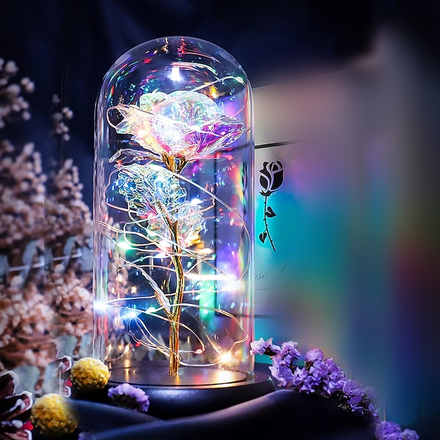  Artificial Flowers Rose eternal rose in glass LED Dome Decor Valentines Day Gifts for Women Girlfriend Wife Mothers Day Wedding