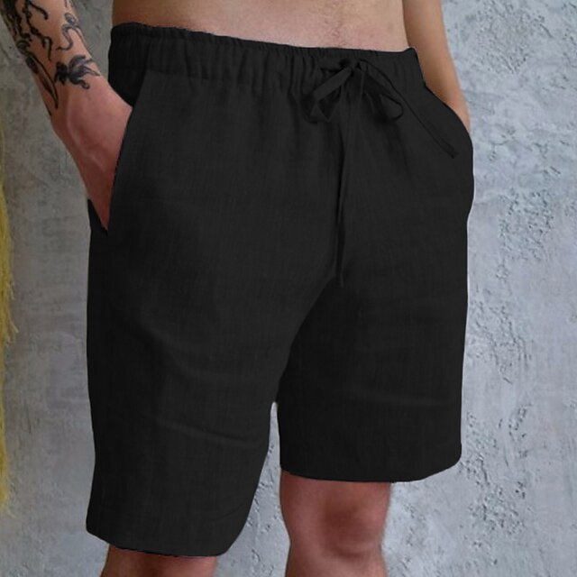 FUKZTE Men's Cotton Linen Shorts - Below Knee Capri Length, Loose Fit, Elastic Drawstring Waist - Black - View #5