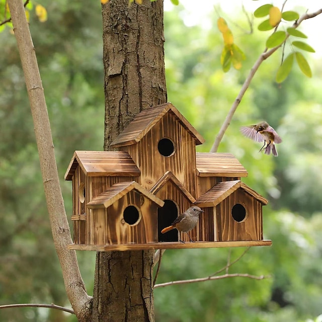  fuglehus til udendørs, 6 hullers håndlavet fuglehus i træ, stort fuglehus i retro villastil til udefugle, gårdhave dekorationer