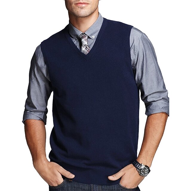 Men's Sweater Vest Pullover Ribbed Knit Cropped Knitted Plain V Neck