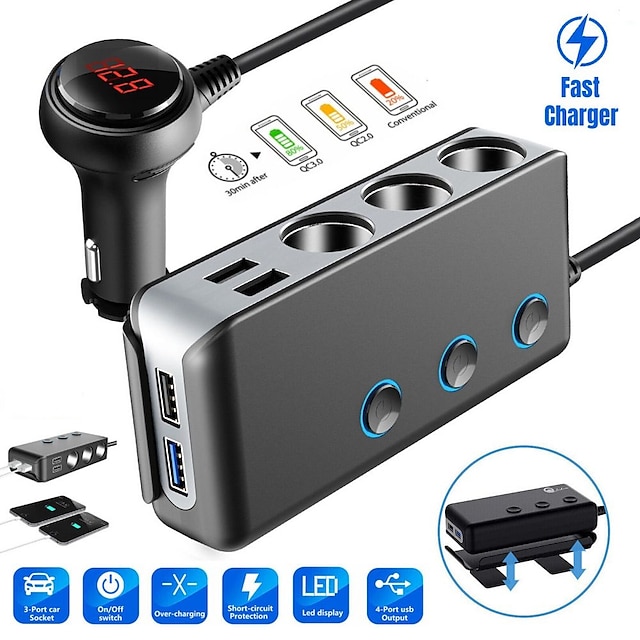  sigarettenneruttak 4 usb lader splitter 12v uttak strømadapter bil ny