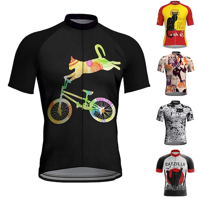  21Grams Men's Cycling Jersey Short Sleeve Bike Top with 3 Rear Pockets Mountain Bike MTB Road Bike Cycling Breathable Moisture Wicking Quick Dry Reflective Strips Black Red Orange Cat Polyester Sports