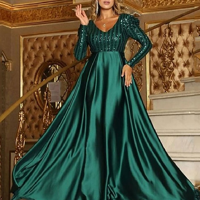  Robe de soirée formelle scintillante en forme de A, rouge et vert, col en V, manches longues, traîne avec paillettes 2025