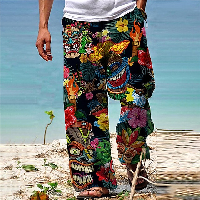  Férfi Nadrág Nyári nadrág Strand nadrág Zsinór Rugalmas derék Egyenes lábbal Állat Növények Grafikai nyomatok Mokaszinok Hétköznapi Napi Szabadság Hawaii Dizájn Fekete Sárga