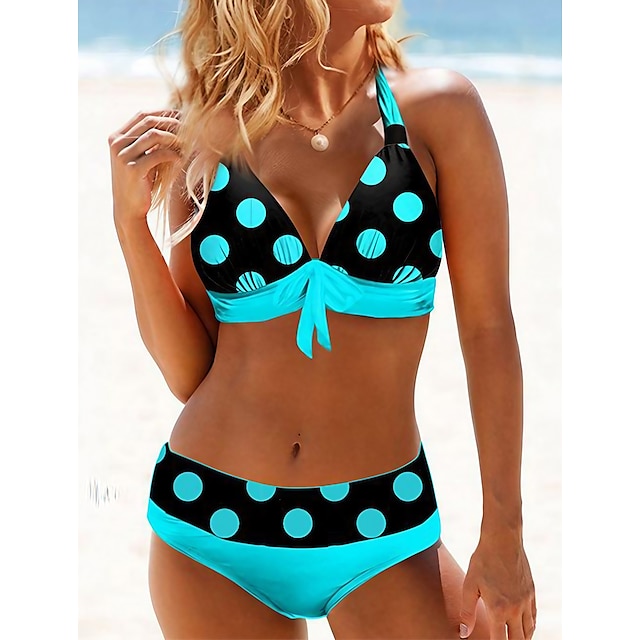  Women's Swimwear Plus Size Tankini 2 Piece Swimsuit Plaid Polka Dot Black Blue Crop Top Bathing Suits Summer Sports