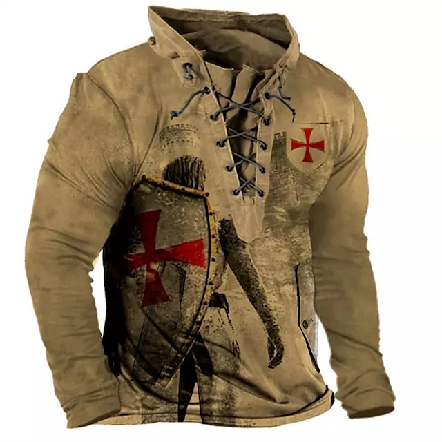  Men's Sweatshirt Pullover Brown Standing Collar Templar Cross Knights Templar Graphic Prints Lace up Sports & Outdoor Casual Daily 3D Print Streetwear Designer Basic Spring &  Fall Clothing Apparel