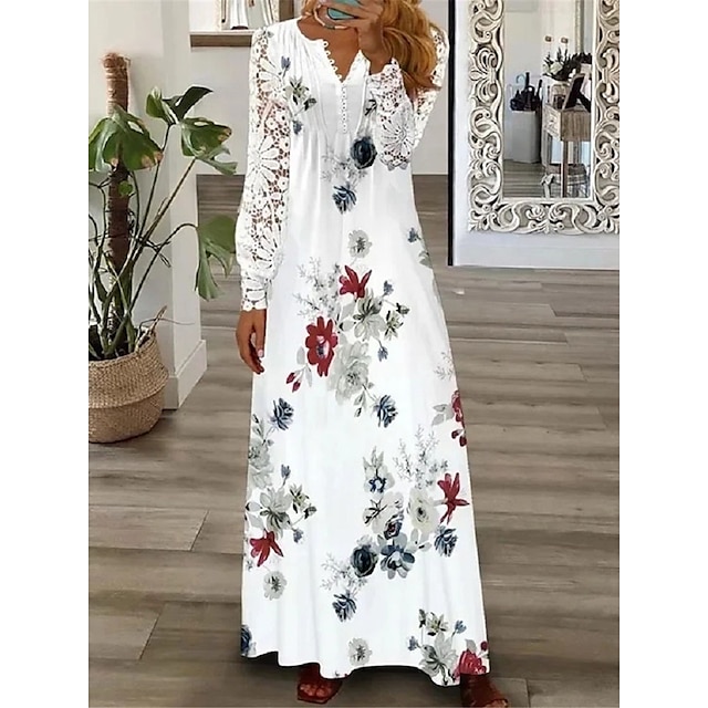 γυναικεία φλοράλ δαντέλα πλισέ φορέματα μάτι μακρύ φόρεμα μάξι φόρεμα μια γραμμή φόρεμα στάμπα φόρεμα μόδας casual outdoor καθημερινό κουμπί μακρύ μανίκι v λαιμόκοψη κανονική εφαρμογή λευκό ροζ