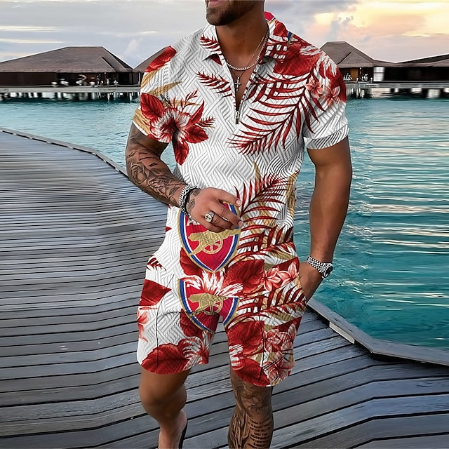 Men's Polo Shirt Hawaiian Polo Shirt Golf Shirt Polo Set Floral Graphic Skull Leaves Turndown Black White Wine Red Street Casual Short Sleeve Zipper Print Clothing Apparel Fashion Designer Casual