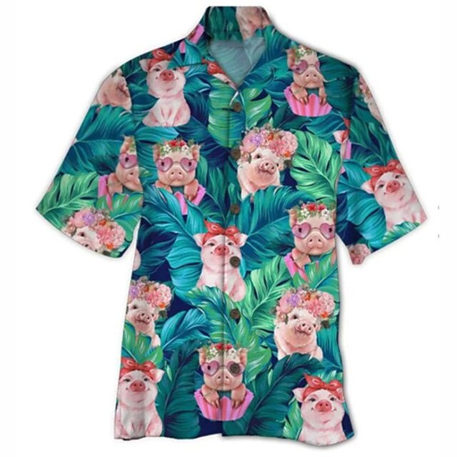 Men's Floral Tropical Pig Shirt Summer Hawaiian Shirt Aloha Shirt Short Sleeve Shirt Turndown Tropical Fashion Hawaiian Casual Hawaiian Holiday Blue S M L2
