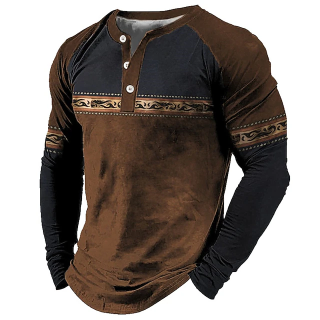 Men's Graphic Color Block Bohemian Henley Shirt Tee Long Sleeve 3D Print Fashion Designer Comfortable Outdoor Casual Daily Spring & Fall Blue Red Brown Green Henley Henley T-Shirt 5