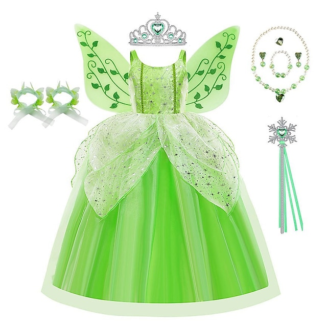  Tinker Bell DinBasme Prințesă Tiana Rochie de fete cu flori Costum de petrecere tematică Rochii din tul Fete Film Cosplay Cosplay Halloween Verde Verde (cu accesorii) Halloween Carnaval Mascaradă