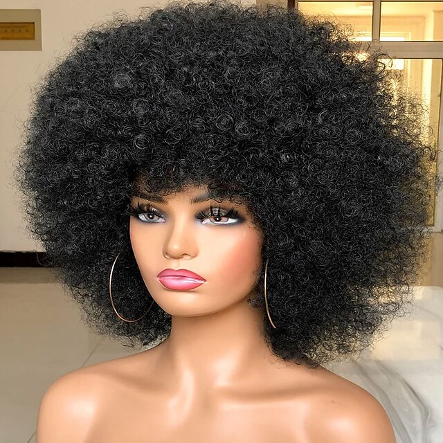 Short Afro Wig with Bangs for Black Women Afro Kinky Curly Wig 70s