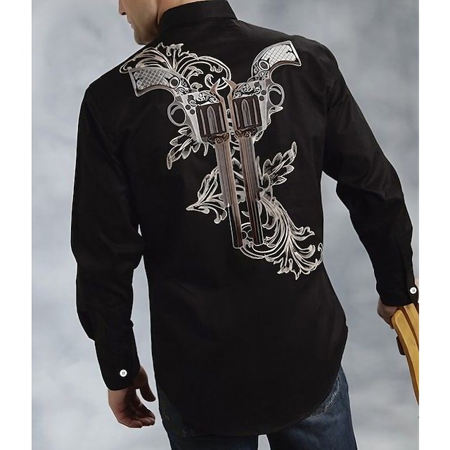  Herr Grafiska tryck Pistol Skjorta Västerländsk skjorta Cowboyskjorta Långärmad Mode Designer Ledigt Utomhus Dagligen Höst vinter Nedvikt Mönster Button-Down Svart Svart / Brun Brun Grå+Blå Blå + Blå