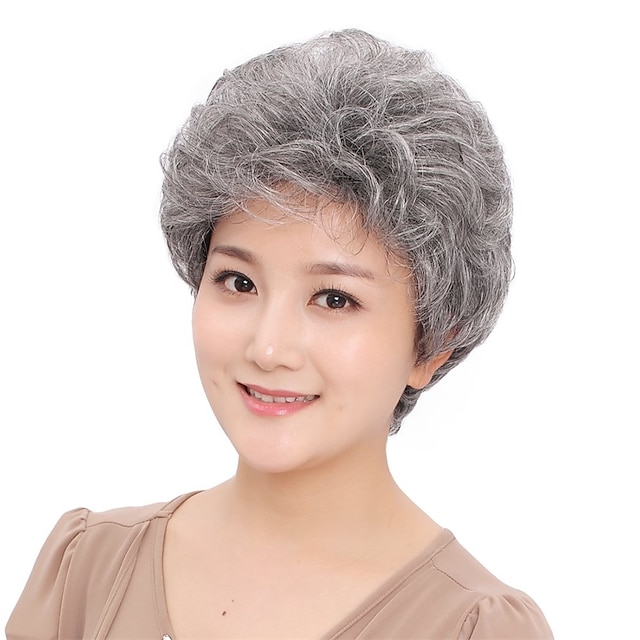  Ladies Gray Short Curly Synthetic Full Hair Wigs Natural Wavy Fluffy Mom Costume Old Grandma Cosplay Wigs for Women