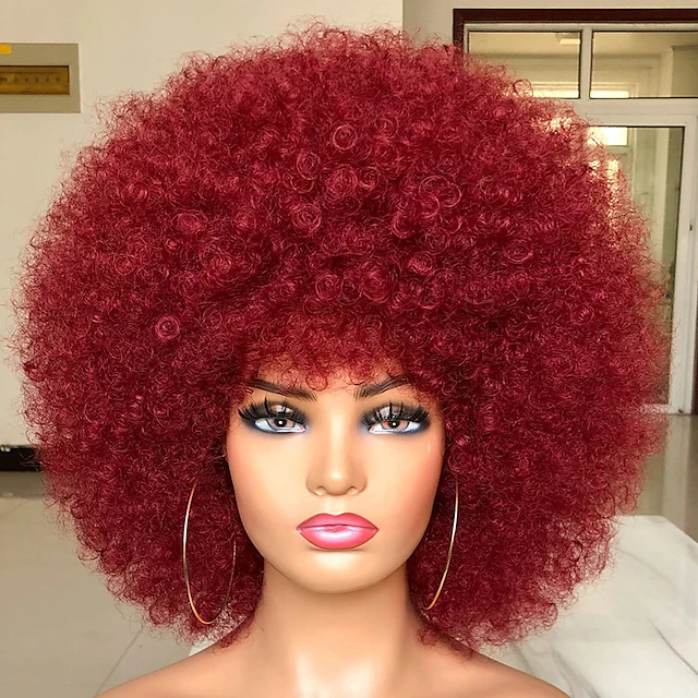 Short Afro Wig With Bangs For Black Women Afro Kinky Curly Wig 70s Premium Synthetic Big Afro 8677