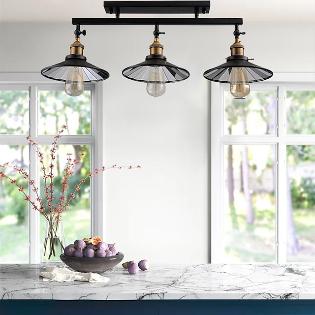  3-lys vintage loftstaklampe innfelt montering lysretningsjusterbar 3-hodes metallspeil glass stue spisestue