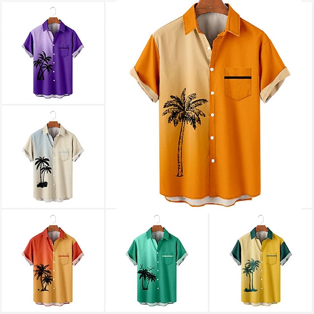  Voor heren Overhemd Hawaiiaans overhemd Kokosnootboom Grafische prints Strijkijzer Abrikoos Geel Rood Paars Oranje Buiten Straat Korte Mouw Afdrukken Button-omlaag Kleding Tropisch Modieus Hawaii