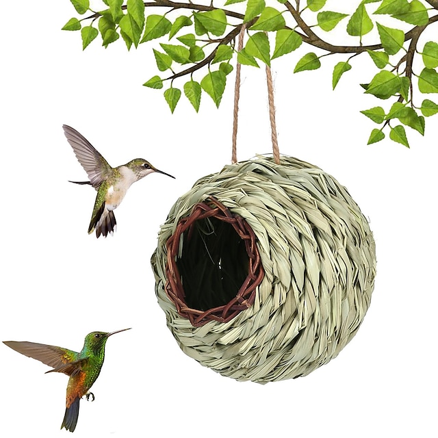  casă de colibri cuib de păsări țesut manual pentru agățat în aer liber, căsuțe mici de păsări de iarbă pentru exterior, colibă de păsări din fibre naturale buzunar de adăpost pentru cintezele canar