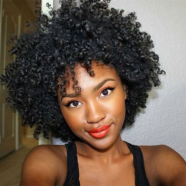  Short Curly Afro Wig with Bangs Afro Kinky Curly Wigs for Black Women No Glue Synthetic Full Wig Heat Resistant Soft Curly Replacement Wigs