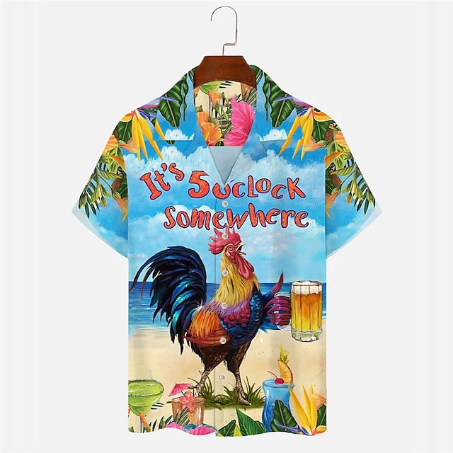 Herren Hemd Hawaiihemd Sommerhemd Es ist 5 Uhr irgendwo Shirt Buchstabe Grafik-Drucke Hühnchen Strand Umlegekragen Blau Casual Hawaiianisch Kurzarm Bedruckt Button-Down Bekleidung Tropisch Modisch