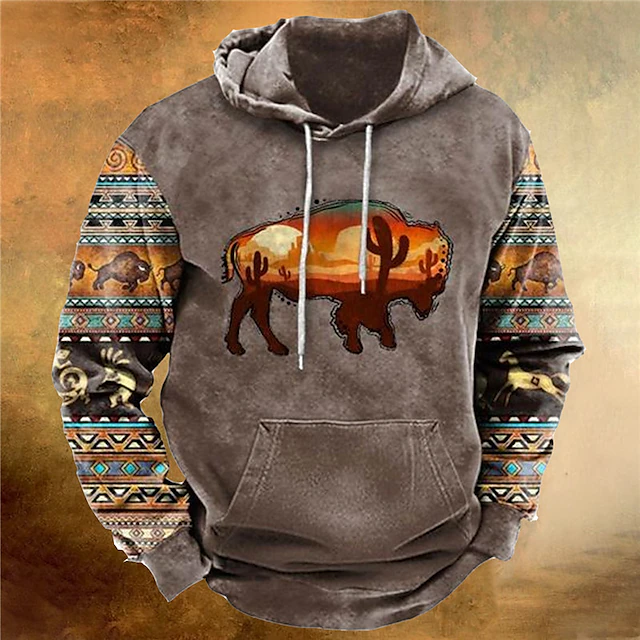 Men's Color Block Cow Graphic Prints Hoodie Hoodies Sweatshirt Streetwear Designer Long Sleeve Hooded Daily Sports Blue Coffee Print Spring & Fall Designer4