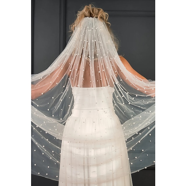  Uma Camada Simples / Com Pérolas Véus de Noiva Véu Capela com Perola Imitação Tule