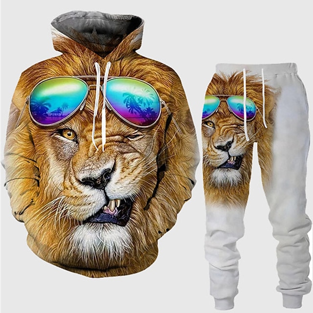  Men's Tracksuit Hoodies Set Black Blue Brown Brown 2 Gray Hooded Graphic Tiger 2 Piece Print Sports & Outdoor Casual Sports 3D Print Basic Streetwear Designer Fall Spring Clothing Apparel Hoodies