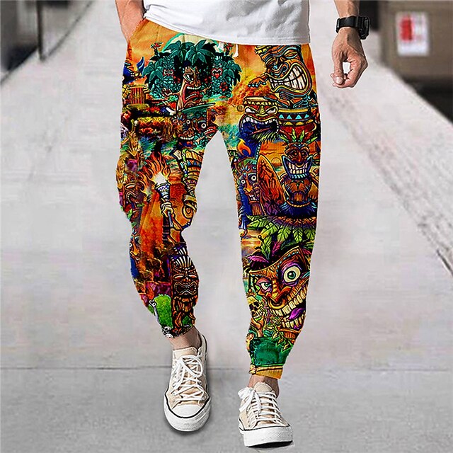 Men's Joggers Trousers Summer Pants Beach Pants Drawstring Elastic Waist Cartoon Graphic Prints Flower / Floral Comfort Breathable Sports Outdoor Casual Daily Streetwear Designer Red Orange3