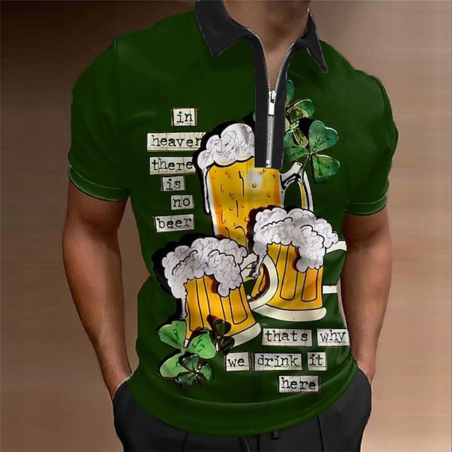  dia de são patrício camisa pólo masculina camisa de golfe estampas gráficas cerveja dia de são patrício st. Dia de São Patrício trevo abertura de cama verde ao ar livre rua mangas curtas com zíper