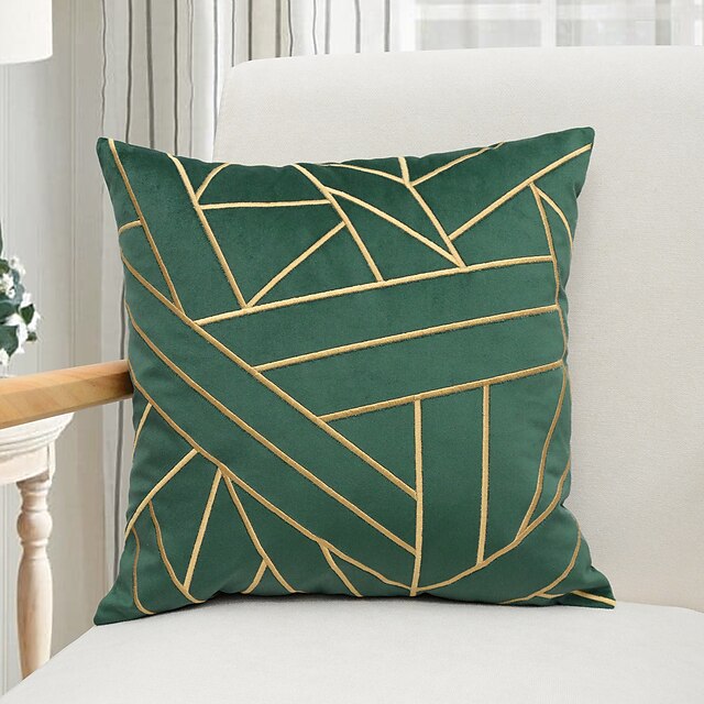  Geometric Embroidery Velvet Pillow Cover Decorative Green Pillowcase Throw Cushion Cover for Sofa Couch Bed Bench Living Room 1PC