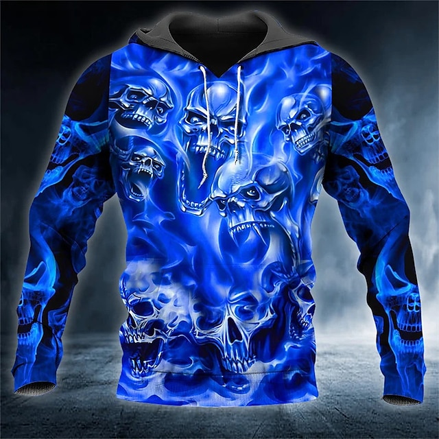  Men's Pullover Hoodie Sweatshirt Blue Hooded Skull Graphic Prints Print Daily Sports 3D Print Streetwear Designer Basic Spring &  Fall Clothing Apparel Hoodies Sweatshirts  Long Sleeve