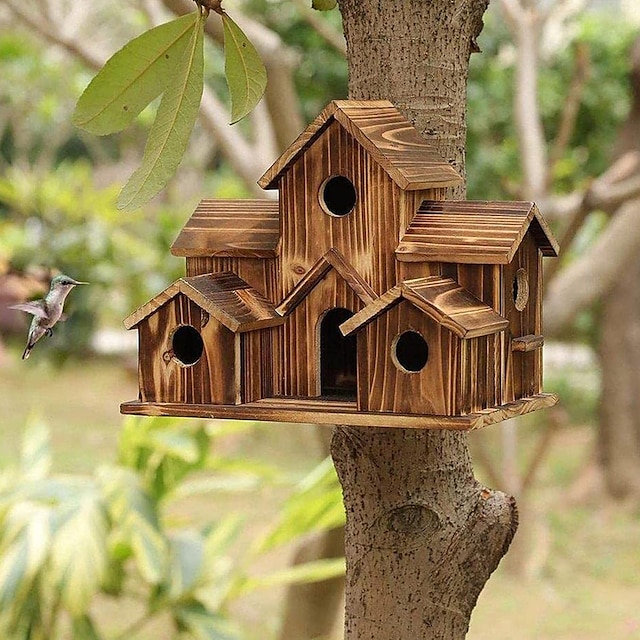 Bird House for Outside, 6 Holes Handmade Wooden Bird House, Retro Villa ...