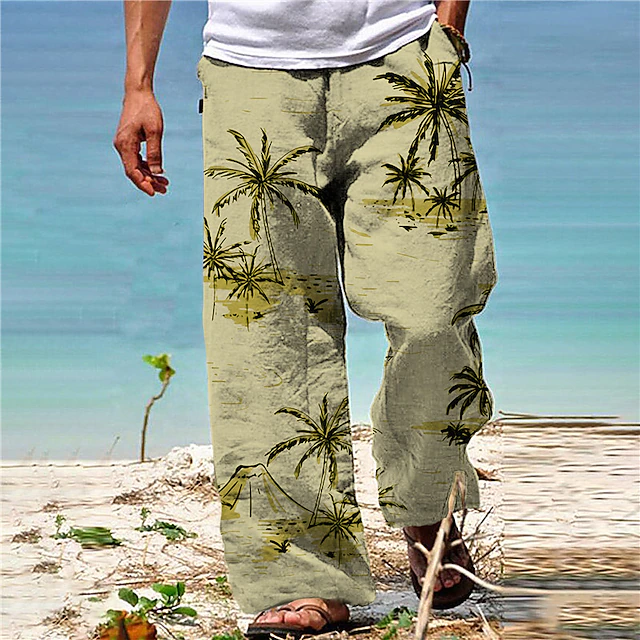 Men's Trousers Summer Pants Beach Pants Drawstring Elastic Waist Straight Leg Coconut Tree Graphic Prints Comfort Casual Daily Holiday Hawaiian Designer White Yellow 10