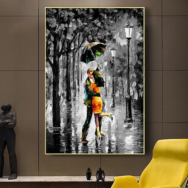  Handmade Oil Painting Canvas Acrylic Wall Art Decoration Modern  Black and White Knife Painting of a Romantic Rainy Street Scene for Home Decor Rolled Frameless Unstretched Painting