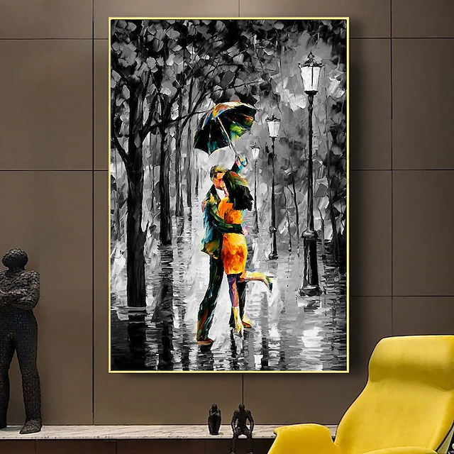 Handmade Oil Painting Canvas Acrylic Wall Art Decoration Modern Black and White Knife Painting of a Romantic Rainy Street Scene for Home Decor Rolled Frameless Unstretched Painting 9